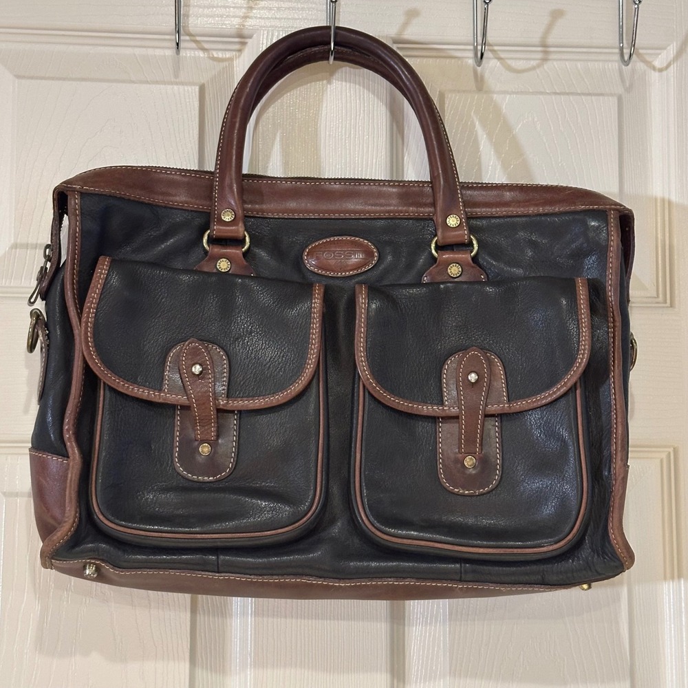 Fossil Vintage Black Brown Leather Satchel Handbag Two Pocket Doctor Bag